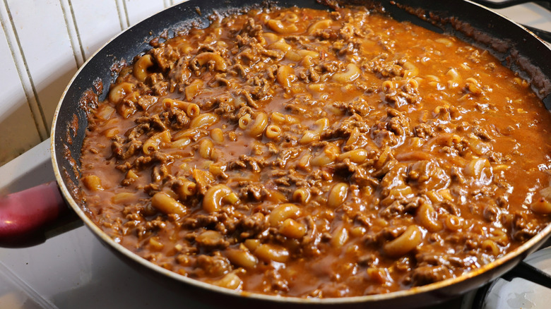 Skillet of Hamburger Helper on the stove