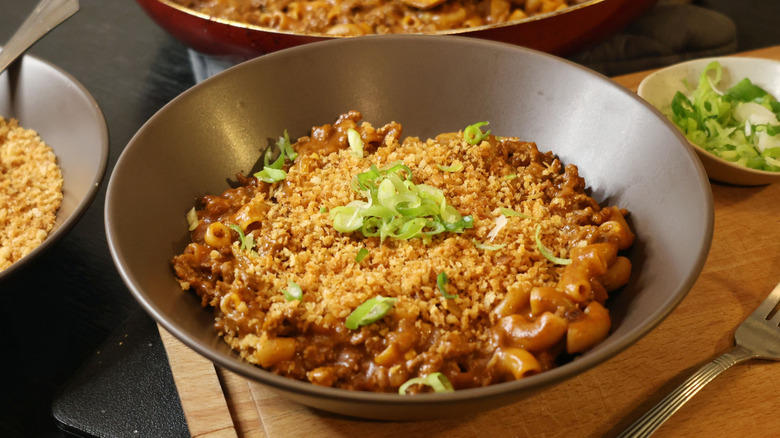 Hamburger Helper serving in bowl with panko and scallions
