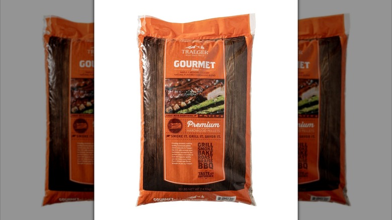 Large orange bag of Traeger Gourmet Blend Wood Pellets
