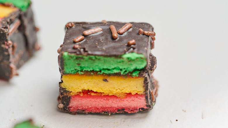 italian rainbow cookie on a table