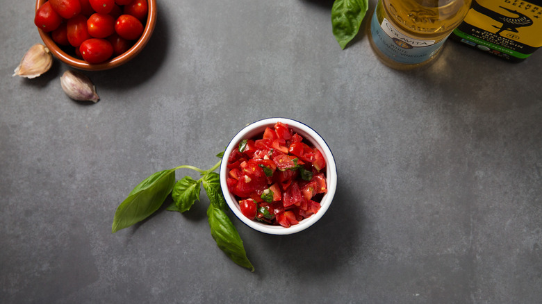 bruschetta sauce served on table