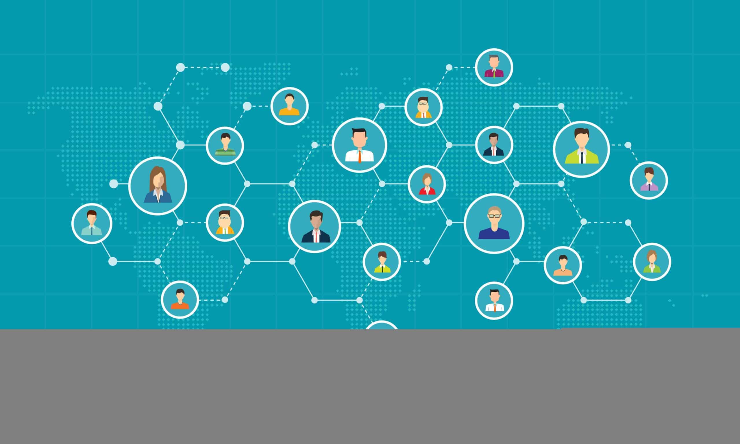 Network of cells featuring various human figures in circular frames