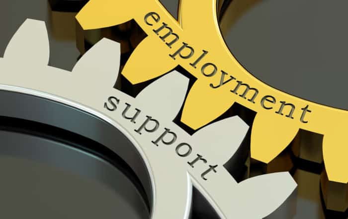 employment support concept on the gearwheels, 3D rendering