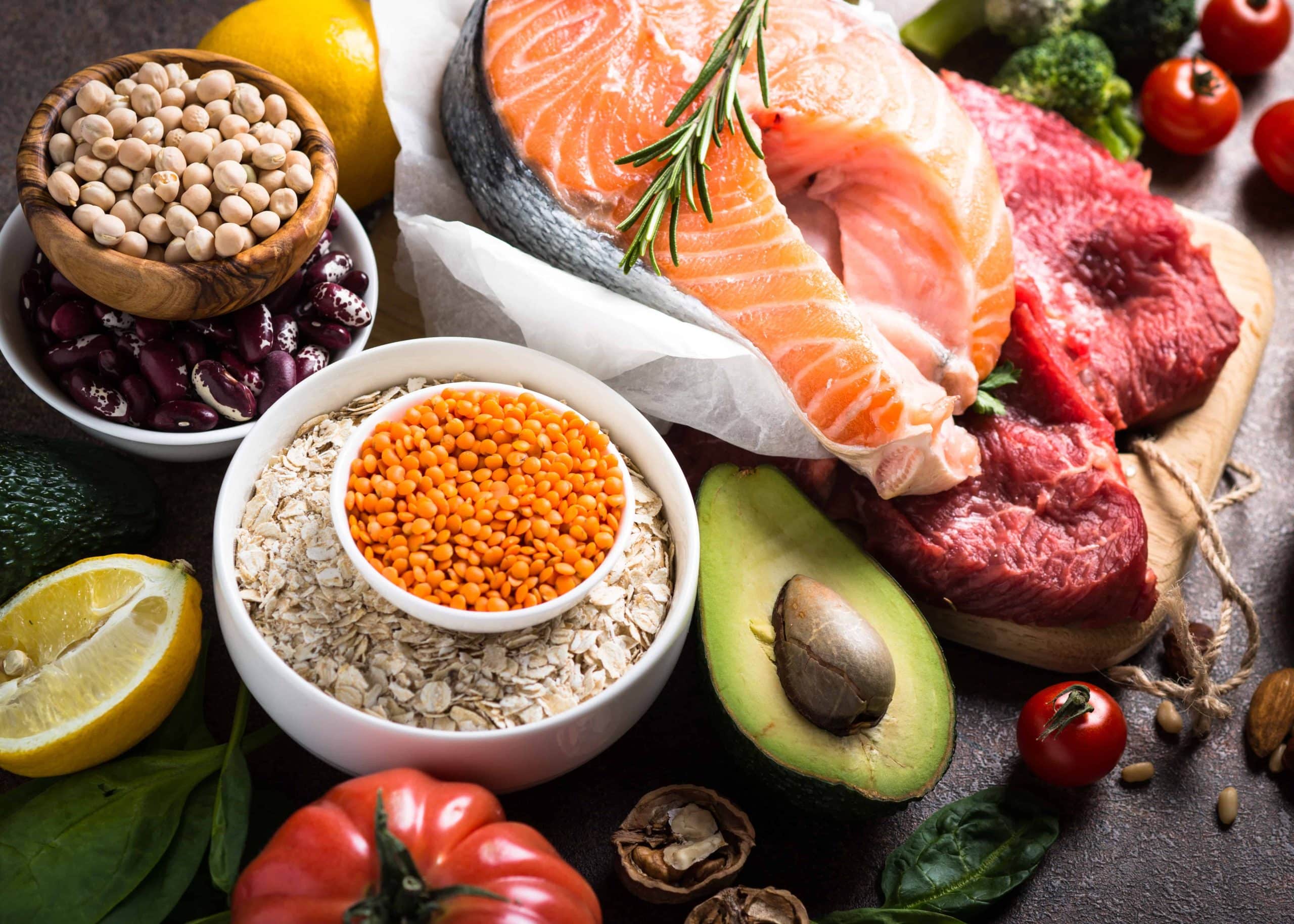 Balanced diet food background. Organic food for healthy nutrition. Ingredients for cooking. Food assortment.