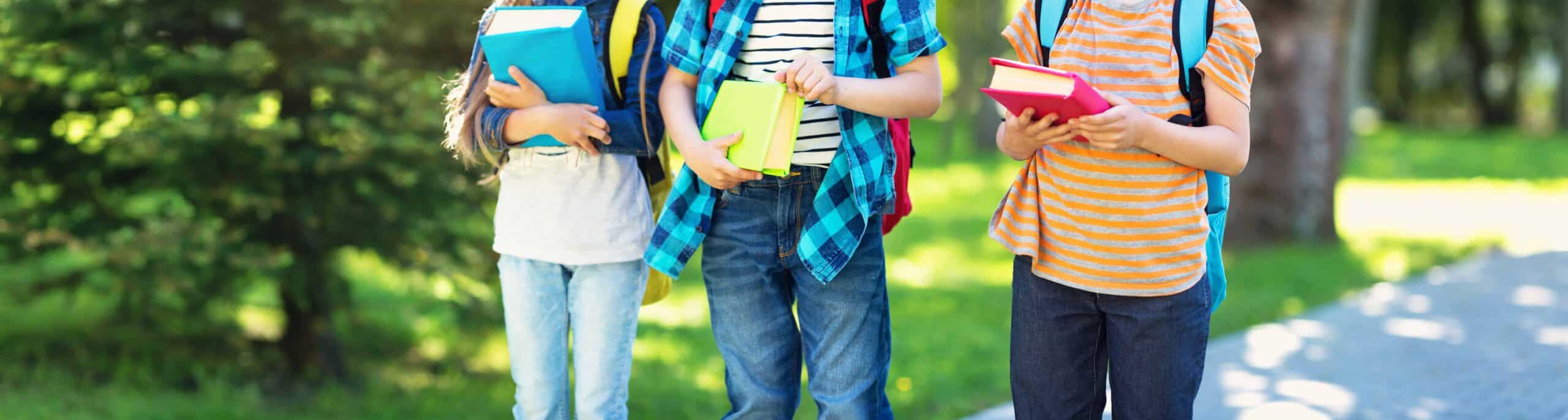 Pupils with books and backpacks walking in the park