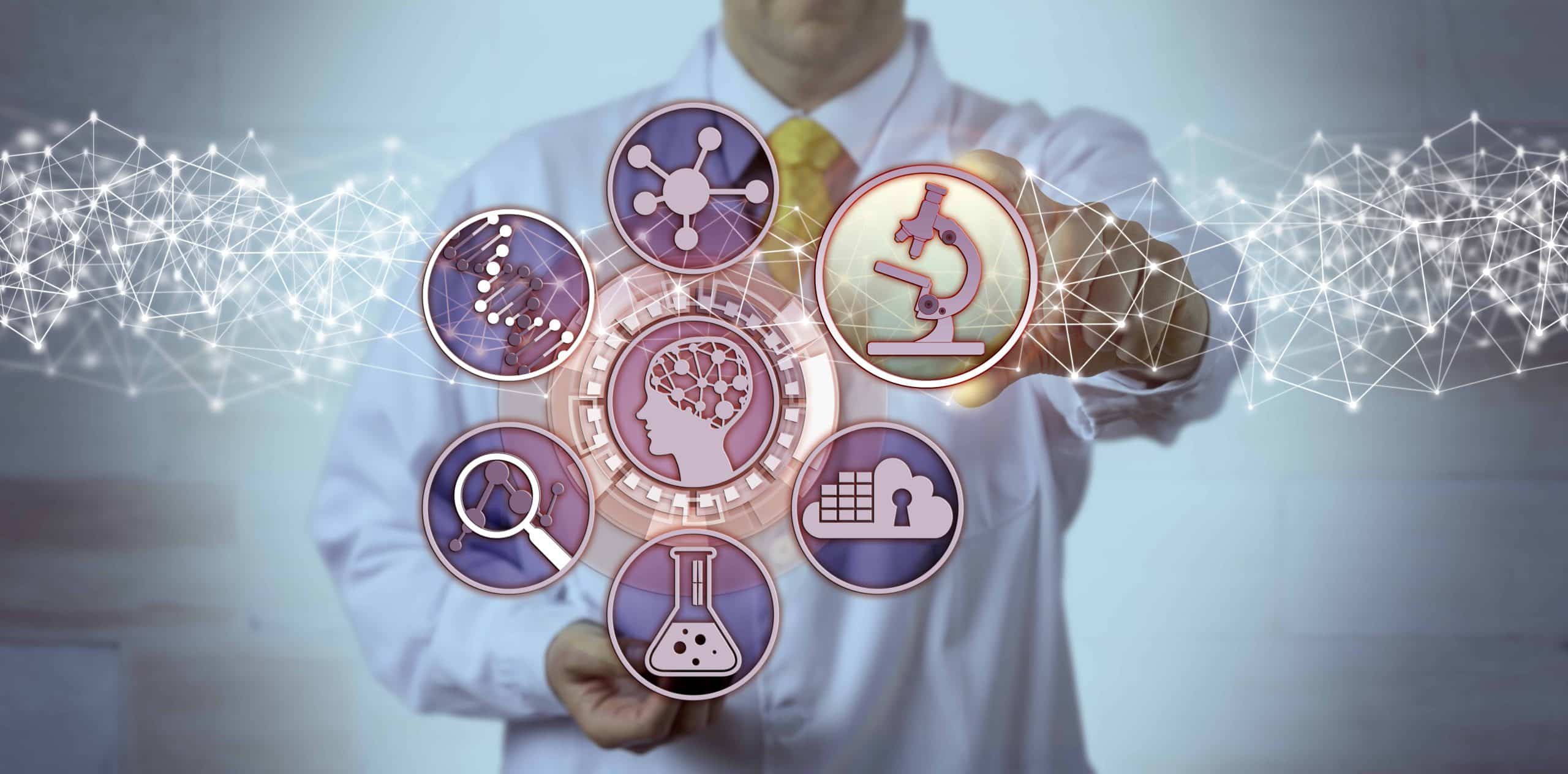 Unrecognizable male scientist is plugging a microscopy app into a brain study interface. Science concept for biosciences, molecular engineering, bioengineering, pharmacogenomics, pharmacogenetics.