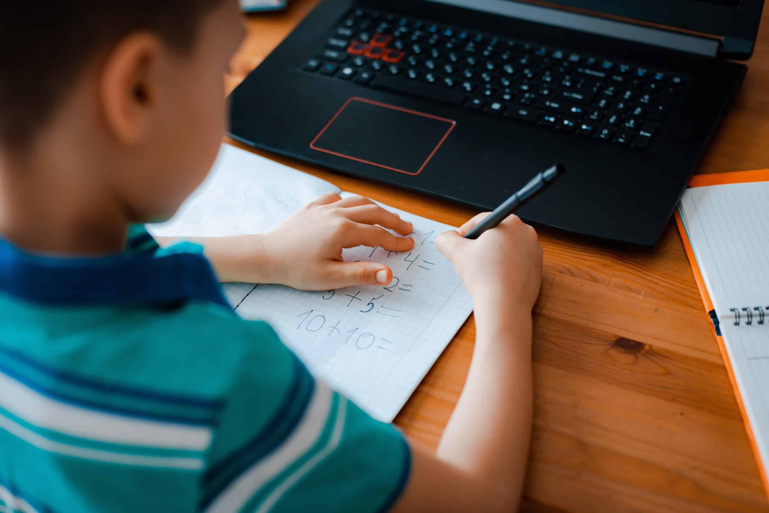 A schoolboy boy studies at home and does school homework.