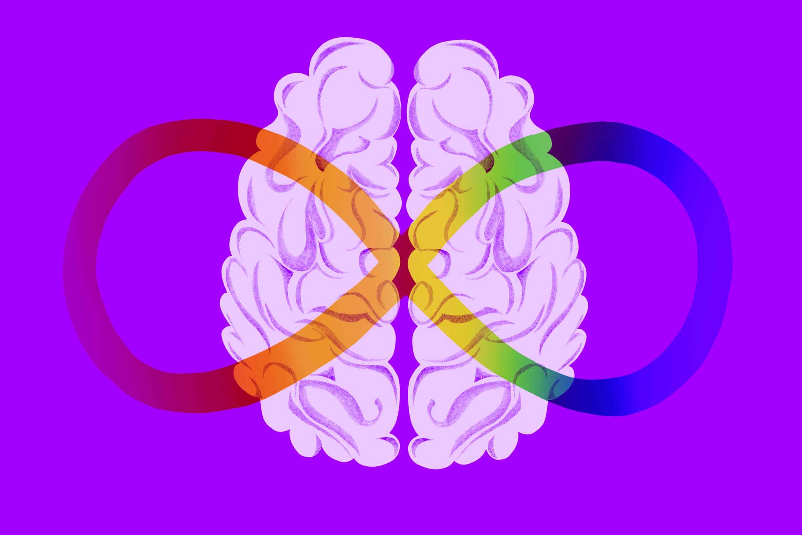 Illustration of a brain intertwined with the ADHD infinite rainbow symbol