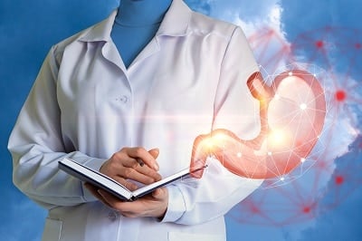 The doctor explores the human stomach concept design.