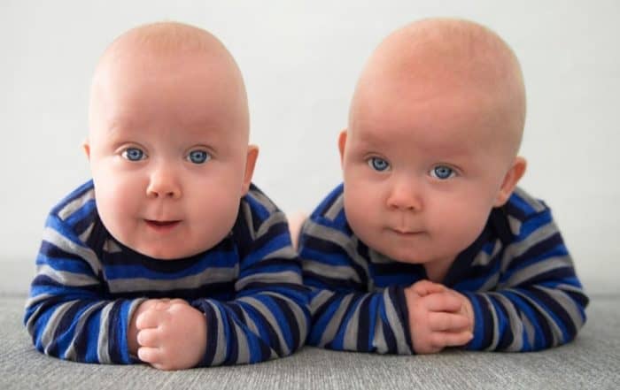Twin babies with blue eyes