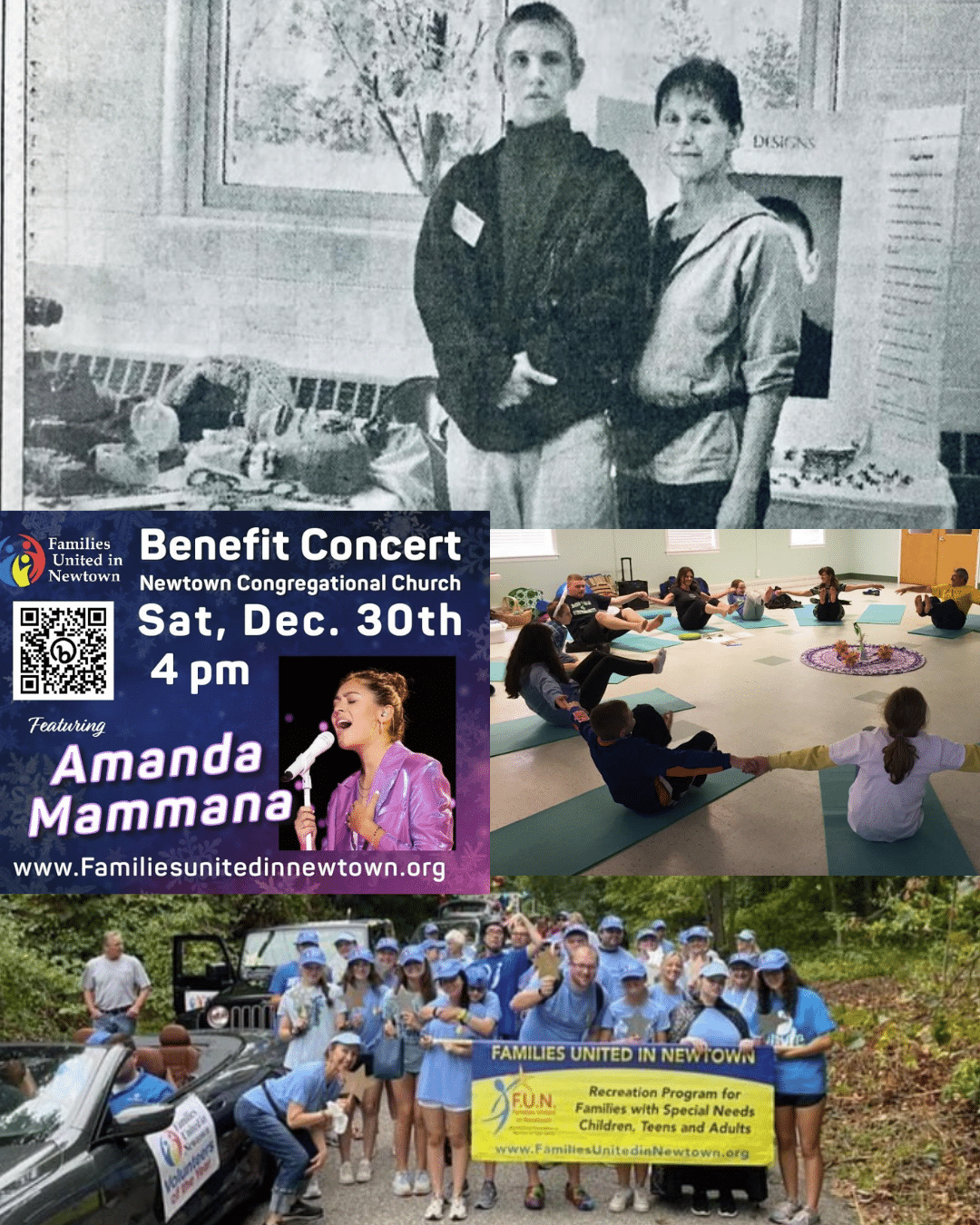 Photo of Tyler Jones's first jewelry display collaged with photos of monthly peer support FUN activities and fundraising events.