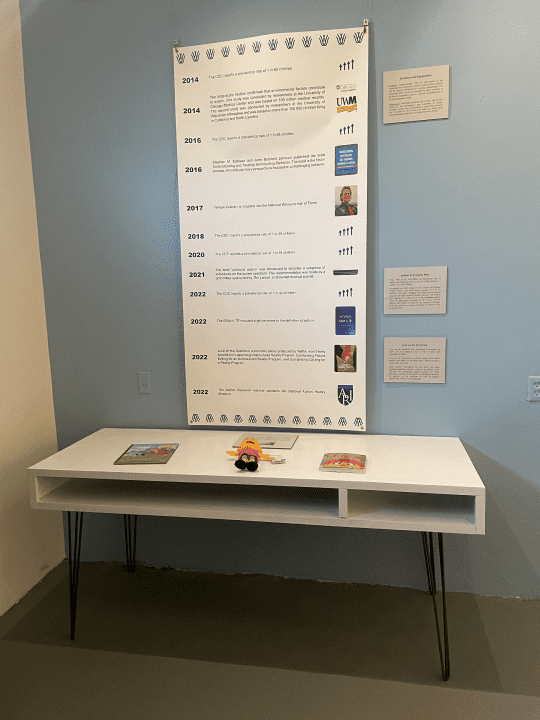 Children’s books and a toy placed on a white table, with a history banner displayed on the wall